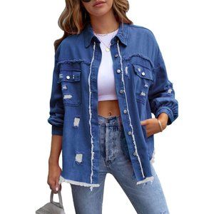 Women's Jean Jacket Button Down Frayed Hem Boyfriend Distressed Ripped Jacket